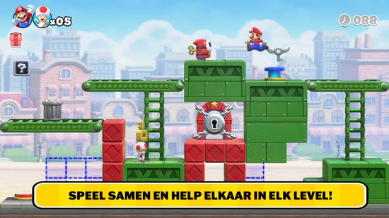 Mario speelt in een stadse omgeving met platforms. Tekst: Speel samen en help elkaar in elk level!