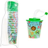 12 PCS Gobelets Animaux sauvages - Y compris paille et couvercle - Gobelets à distribuer - Cadeaux à distribuer - Gobelet à boire pour Enfants - Effet 3D