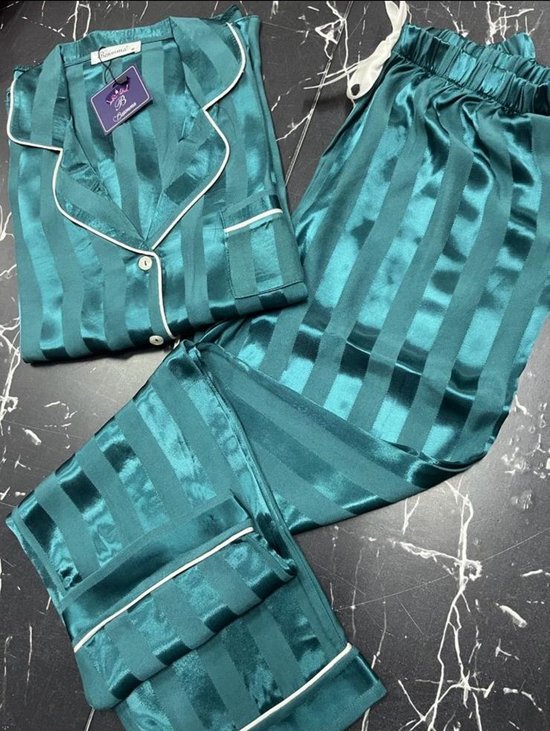 Dames 2- Delige -Pyjama- Luxe Pyjamaset- Nachtkleding- Homewear -Satijn Smaragdgroen Maat XL