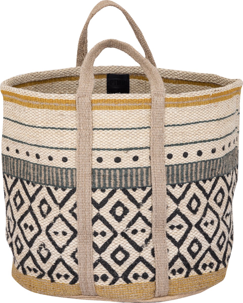 PTMD Reah Yellow jute round basket green lines L