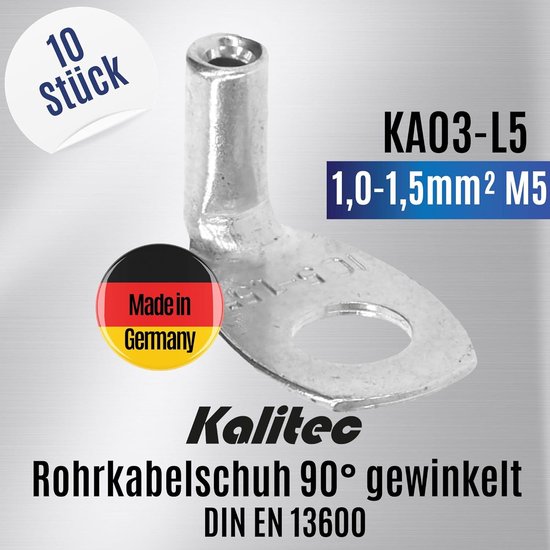 10 stuks Kalitec KA03-L5 standaard buiskabelschoenen haaks 1,0 mm²-1,5 mm² M5 I zonder kijkgat I 90° I Made in Germany