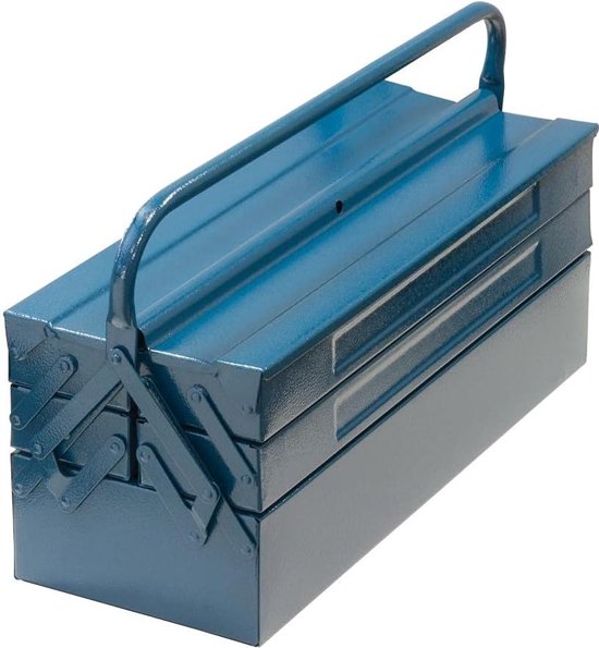 Blauwe metalen gereedschapskist met een handvat bovenop en uitklapbare compartimenten.