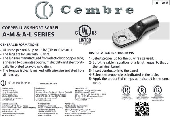 10 cosses tubulaires Cembre A10-M16 50 mm² M16 non isolées en cuivre étamé