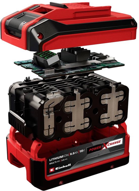 Gedemonteerde 18V lithium-ion Power X-Change accu van 8.0Ah, met interne componenten zichtbaar.
