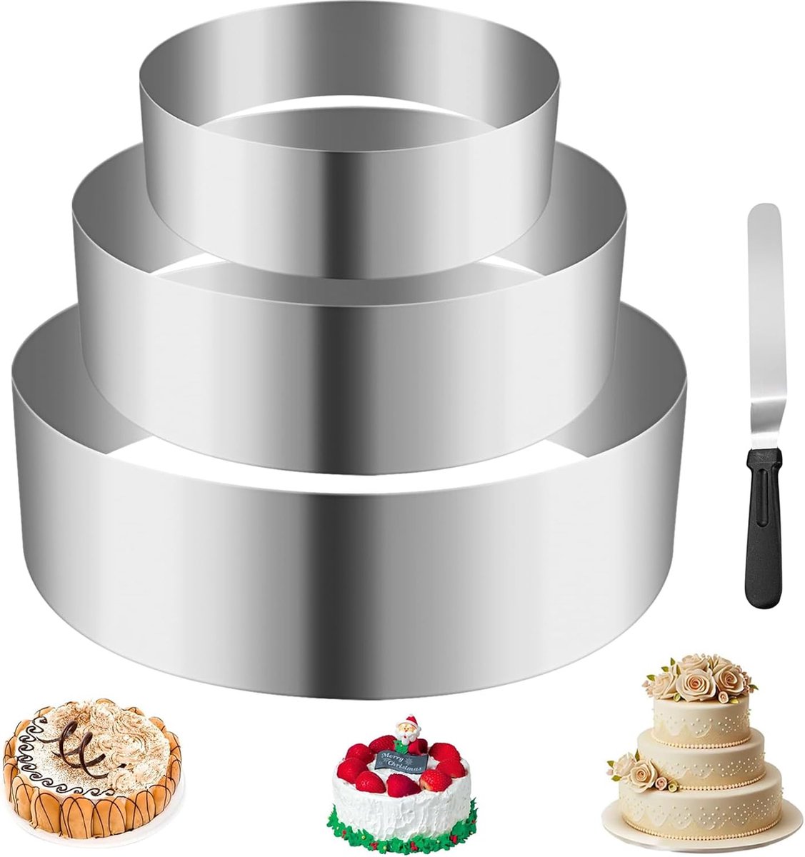 Set van 3 roestvrijstalen taartringen met 1 x 31,8 cm spatel voor moussetaart, tiramisu, taartbodems, chocolade- en fruittaart (3 maten)