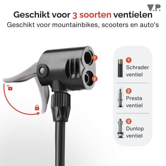 V.P. Staande Fietspomp met Drukmeter - Racefiets- en Mountainbike accessoires - Incl. extra opzetstukken - Tot 12 bar / Zwart — afbeelding 2