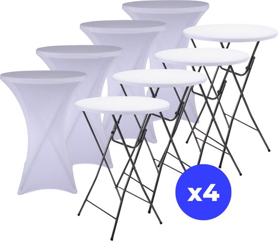 ElixPro 4x Witte Statafel + 4x Witte Statafelrok - Partytafel - Staantafel - Weerbestendig en Robuust - Cocktailtafel - Partytafel - Hoge Staan Tafel - 80x110cm - Klaptafel - Inklapbaar - Wit