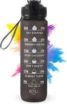Innovaland Motivatie Waterfles Zwart - 1 Liter Drinkfles - Waterfles met Rietje - Waterfles met tijdmarkering - BPA Vrij - Volwassenen - Kinderen