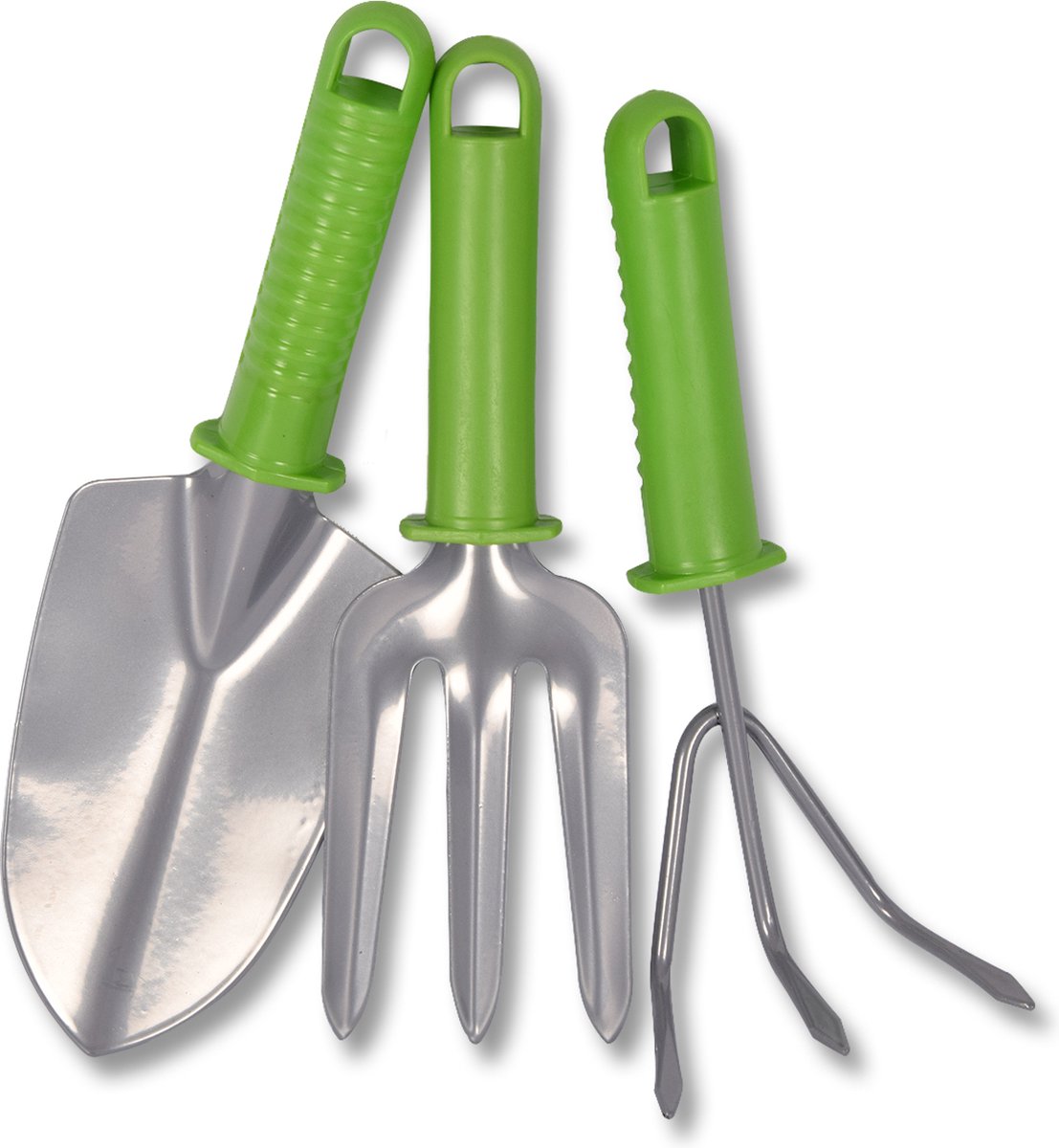 Tuingereedschap Set 3-delig - Groen/Zilver Harkje, Schoffel en Schepje - Compact 37 x 6 x 13 cm