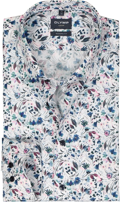 OLYMP modern fit overhemd - mouwlengte 7 - popeline - wit met blauw en roze bloemen dessin - Strijkvrij - Boordmaat: 42