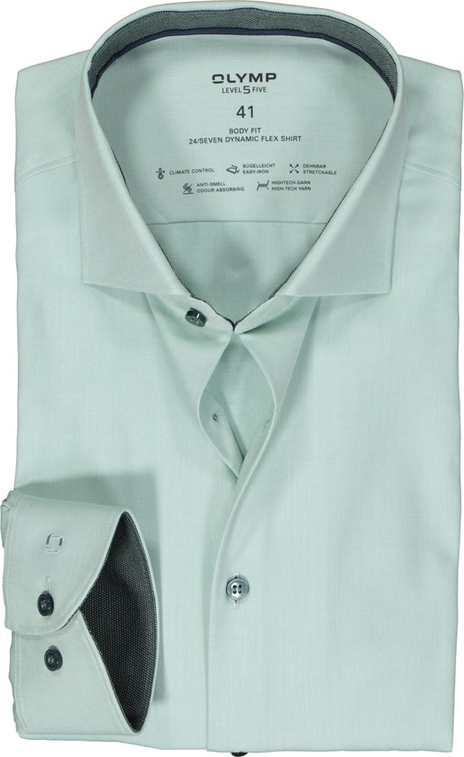 OLYMP 24/7 Level 5 body fit overhemd - mouwlengte 7 - dynamic flex - groen - Strijkvriendelijk - Boordmaat: 41