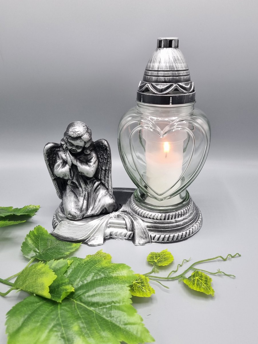 Herdenkingslicht - Engel - Zilver - Hart - P39 - Grafkaars - Graflantaren - Graflicht - Grafdecoratie - Windlicht