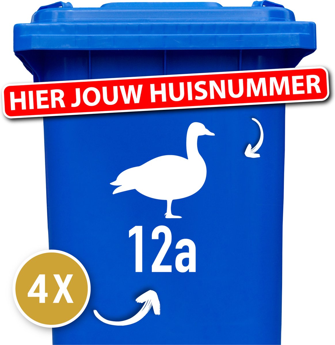Container Sticker Huisnummer + Gans 4 Stuks - wit - 20 x 20 cm - kliko Sticker Voordeelset - Containerstickers - Weerbestendige Stickers - Stickers Buiten - Cijfer Sticker - Kliko Sticker Huisnummer - Kliko Sticker Dieren