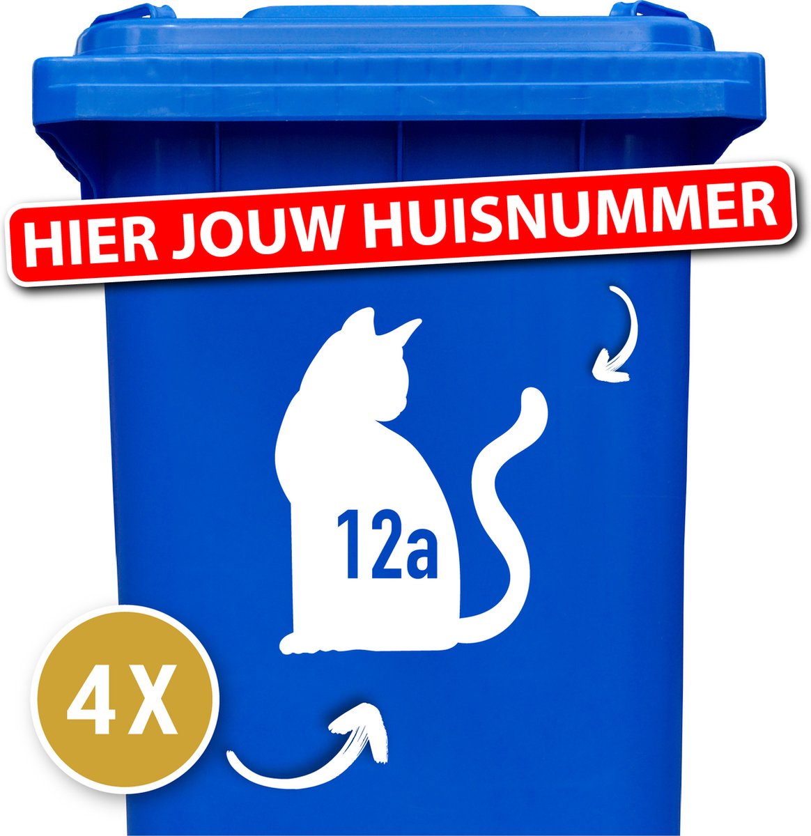 Container Sticker Huisnummer + Kat Zittend 4 Stuks - wit - 20 x 20 cm - kliko Sticker Voordeelset - Containerstickers - Weerbestendige Stickers - Stickers Buiten - klikostickers - Cijfer Sticker - Kliko Sticker Huisnummer - Kliko Sticker Dieren