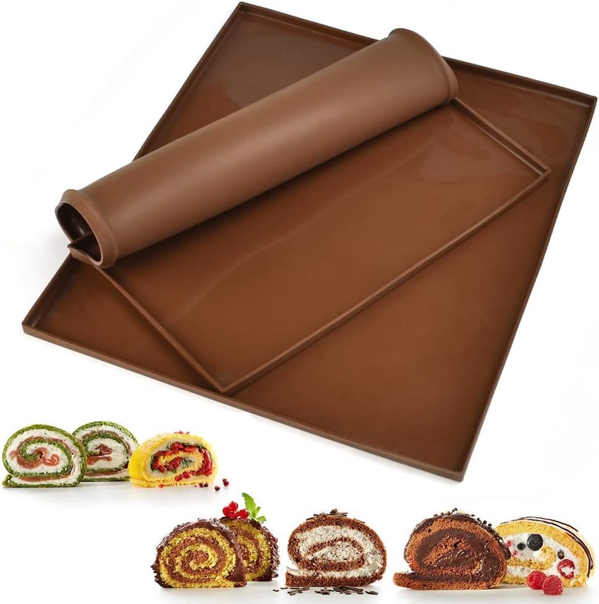 Siliconen bakplaat, WahYikHo biscuitrolmat, rolmat, siliconen rolmat, Swiss Roll bakmat, bakplaat voor koken, bakken, 2 stuks, 30 x 25 x 1,5 cm (bruin