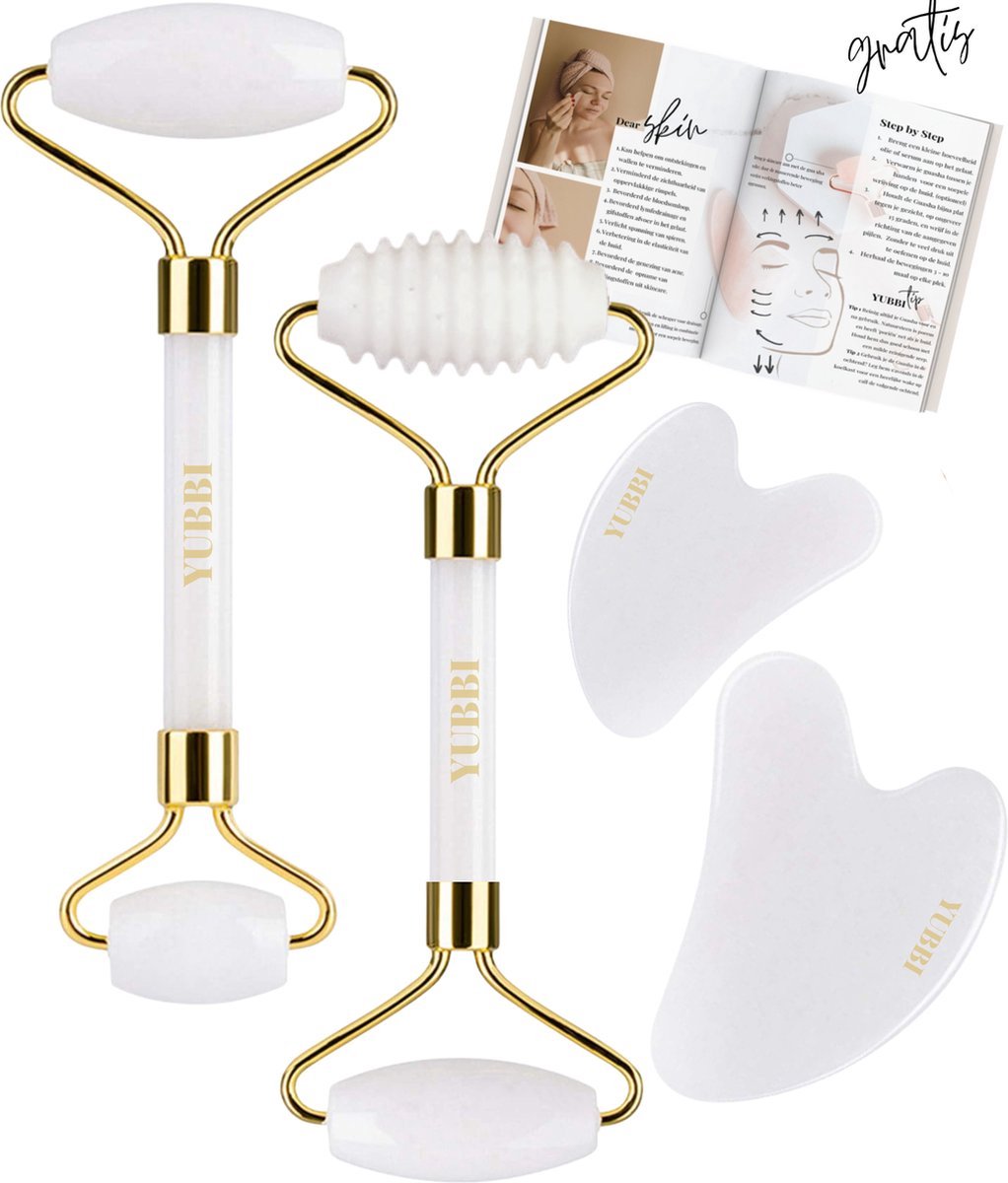 YUBBI Jade Gua Sha Set - Witte Jade Gezichtsroller - Schraper - Gezichtsverzorging - 4 Stuks - Inclusief Instructies