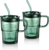 450 ml glazen drinkbeker met deksel en rietje, groene drinkglazen met handvat en rietje voor ijskoffie, milkshakes, sappen, smoothies, vaatwasmachinebestendig, glazen beker