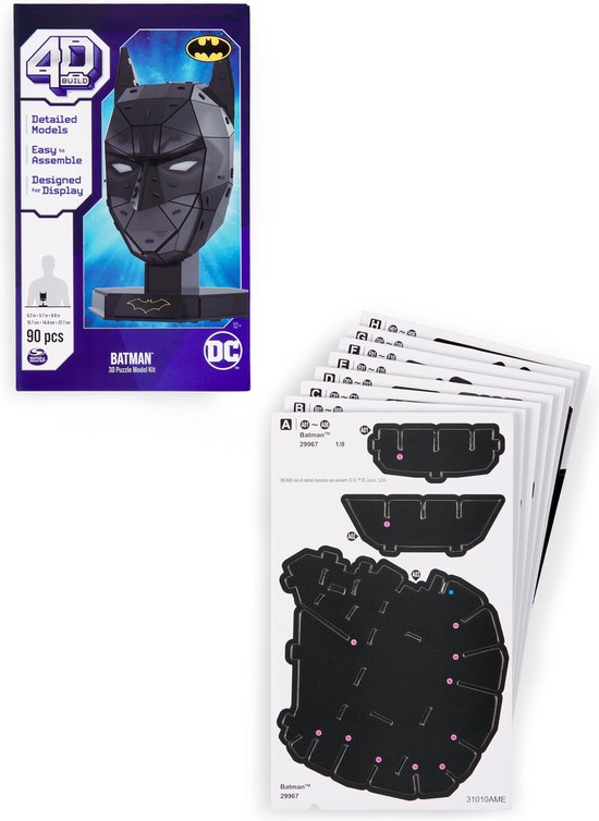 Doos en onderdelen van de 4D Build Batman 3D puzzelkit. Het masker is zwart met witte ogen.