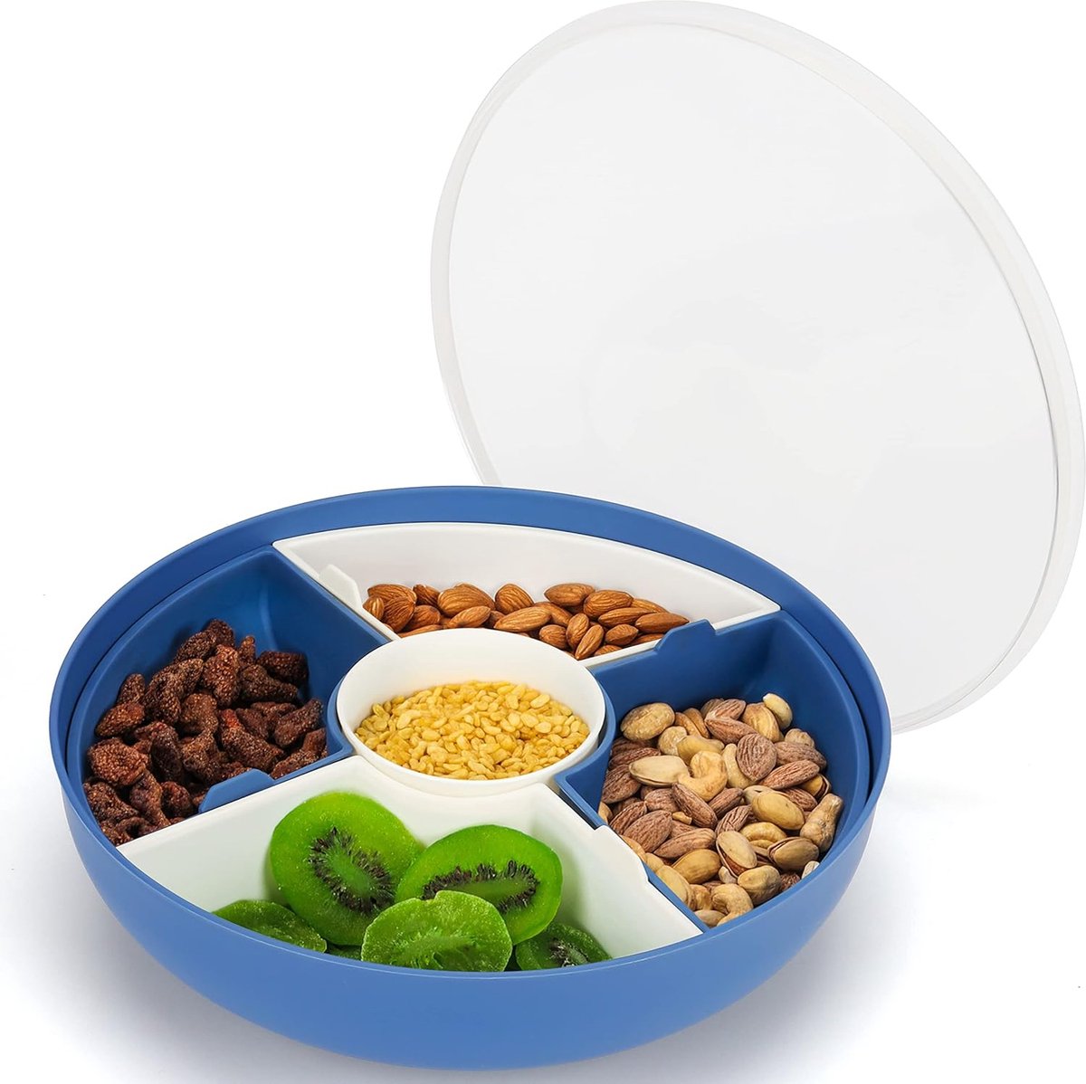 Onderverdeeld snackdienblad rond met deksel 28 5 cm 1 dipschaaltje en 4 snackschalen herbruikbaar kunststof dienblad voor snacks fruit noten snoep en groenten