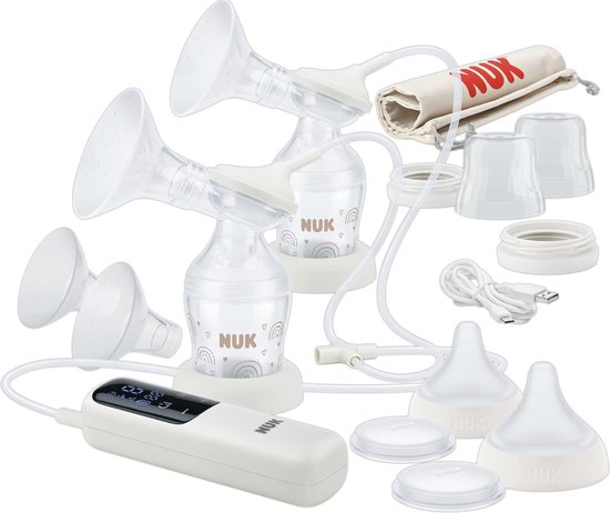 NUK Soft & Easy dubbele elektrische borstkolf set - 100% siliconen zachte cups - Klein, licht en stil - Oplaadbare batterij voor op reis - Cups van 24 en 27 mm - 2 Perfect Match mm-flessen