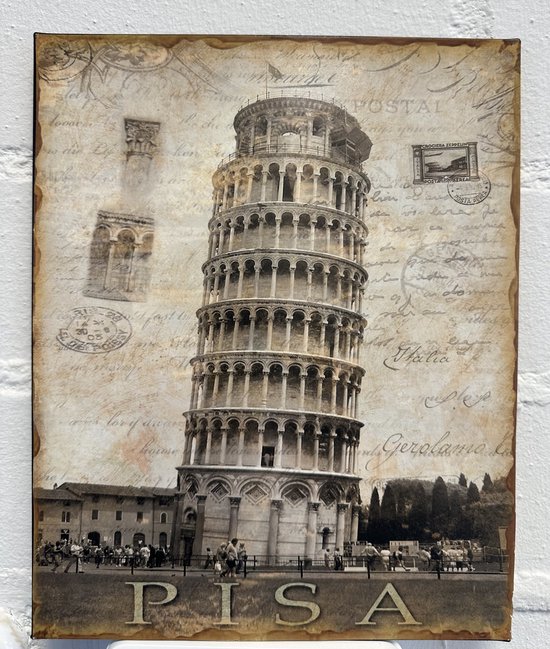 Metalen wanddecoratie "Postkaart Pisa"- meerkleurig - hoogte 25 x 20 x 1 cm - Woonaccessoires - Decoratieve hangers