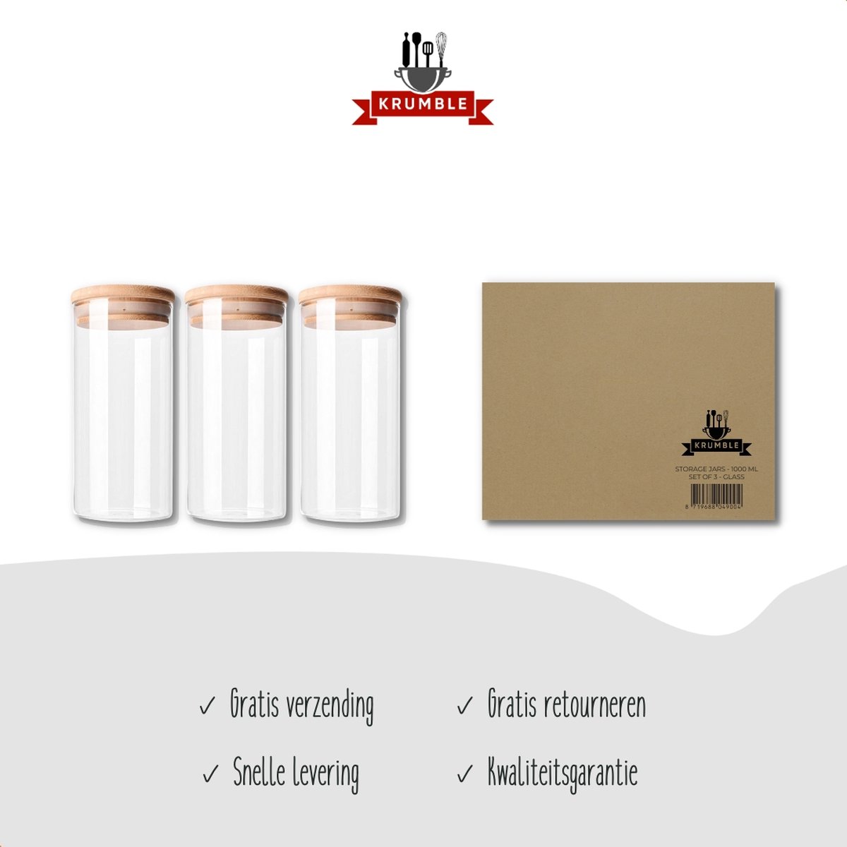 Krumble Voorraadpotten - Set van 3 - 1000 ml per pot - Met deksel - Suikerpotten - Snoeppotten - Glazen potten - Voorraadbussen - Bewaarpot - 3-delig - Opbergen en bewaren - Luchtdicht - Glas - Hout - 9 x 9 x 20,5 cm — cadeau in Wonen & Interieur - foto 7