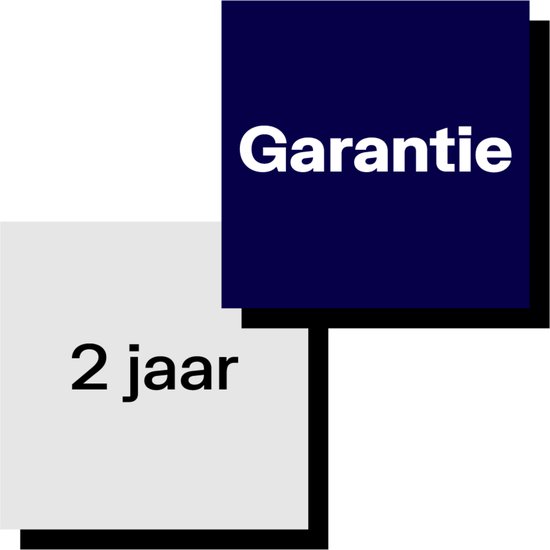 Grijze en marineblauwe vierkanten met "Garantie" en "2 jaar".