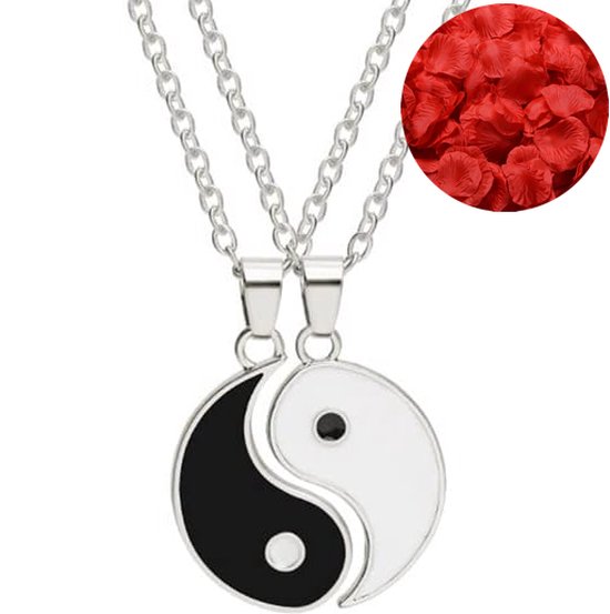 Yin & Yang Ketting Set + Rozenblaadjes = Valentijn Cadeautje voor Hem en Haar - Valentijnsdag voor Mannen Cadeau Kadootjes