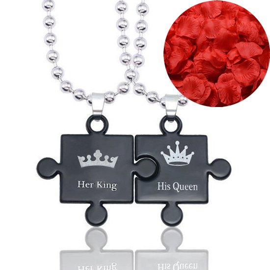King & Queen Ketting Set + Rozenblaadjes = Valentijn Cadeautje voor Hem en Haar - Valentijnsdag voor Mannen Cadeau Kadootjes