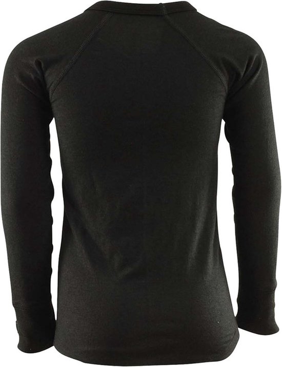 Achterkant van een zwart thermoshirt met lange mouwen. Gestikte raglanmouwen. RJ-logo op de boord.