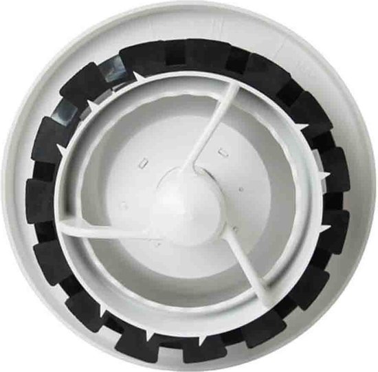 Witte ventilatieklep, bovenaanzicht met zwarte rubberen afdichting en kunststof schoepen.