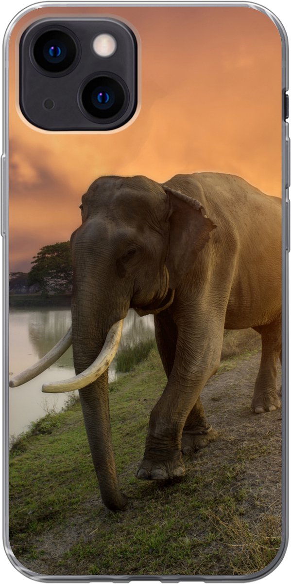 Telefoonhoesje Geschikt voor iPhone 13 mini hoesje - Olifant - Water - Dieren - Zonsondergang - Natuur - Siliconen Telefoonhoesje Telefoonhoesje