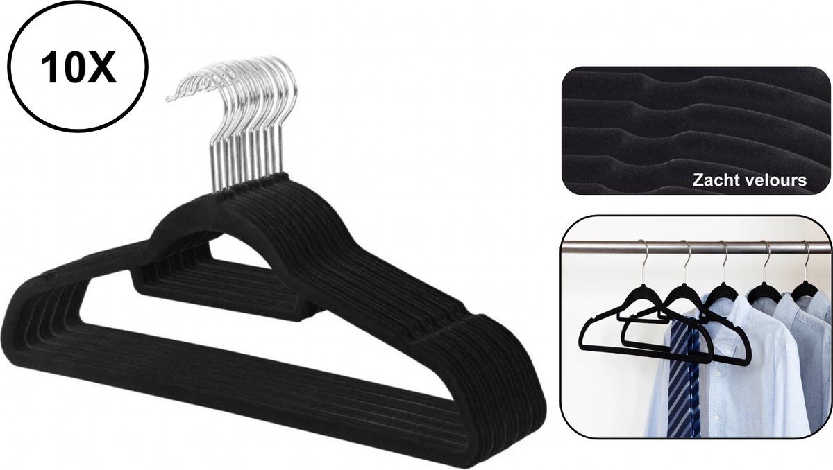 10x PD® - kledinghangers - Zwart VELOURS - Kledinghangers zwart - kledinghangers anti slip - kleding hangers