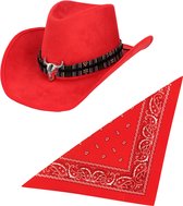 Carnaval verkleedset luxe model cowboyhoed Rodeo - rood - en rode hals zakdoek - voor volwassenen