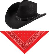 Carnaval verkleedset cowboyhoed Billy Boy - zwart - met rode hals zakdoek - voor volwassenen