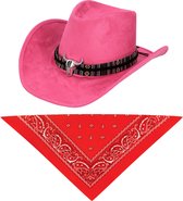 Carnaval verkleedset luxe model cowboyhoed Rodeo - roze - en rode hals zakdoek - voor volwassenen