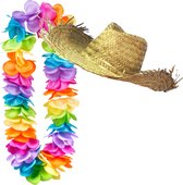 Toppers - Carnaval verkleedset - Tropical Hawaii party - dames strohoed in beige - en volle bloemenslinger multi colours