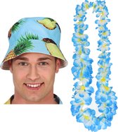 Tropische Hawaii party verkleedset - bucket hoedje - met bloemenslinger lichtblauw - volwassenen