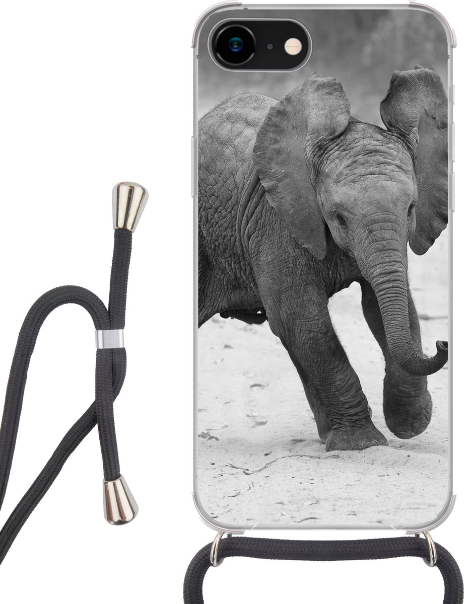Telefoonhoesje Geschikt voor iPhone 7 - Olifant - Baby - Dieren - Pad - Zwart wit - Siliconen - Crossbody - Backcover met Koord - Telefoonhoesje met koord - Hoesje met touw Telefoonhoesje