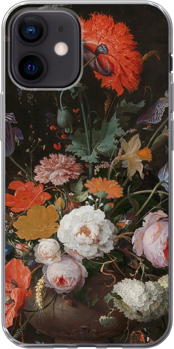 Telefoonhoesje Geschikt voor iPhone 12 hoesje - Stilleven met bloemen en een horloge - Schilderij van Abraham Mignon - Siliconen Telefoonhoesje Telefoonhoesje