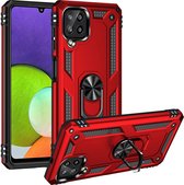 Apple iPhone 12 Rood Shockproof Militairy Hybrid Armour Case Hoesje Met Kickstand Ring -Apple iPhone 12 / iPhone 12 Pro - Extreem Stevige Anti-Shock Hard Rugged Cover Bumper Hoes - Stevige Shock Proof Backcover -