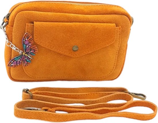 Italiaanse schoudertas oranje kleur met vlinder accessoires - Xonemore