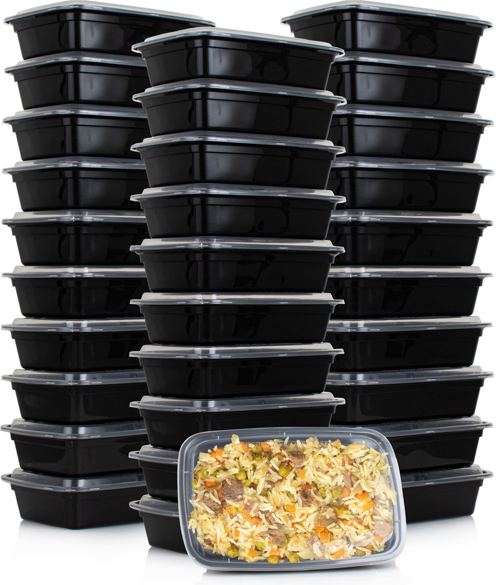 Nimma Meal Prep Bakjes - 30 stuks - 1 Compartiment Vershoudbakjes - Plastic Bakjes met Deksel - 1L - Zwart