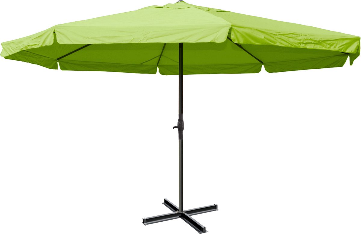 Parasol Meran Pro, horeca marktparasol met vouw Ø 5m polyester/aluminium 28kg ~ groen zonder voet