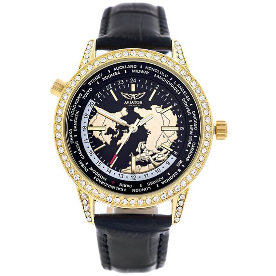Aviator - Dames Horloge F-Series Diamond Gold Collection - Zwart/Goud - Ø 38mm