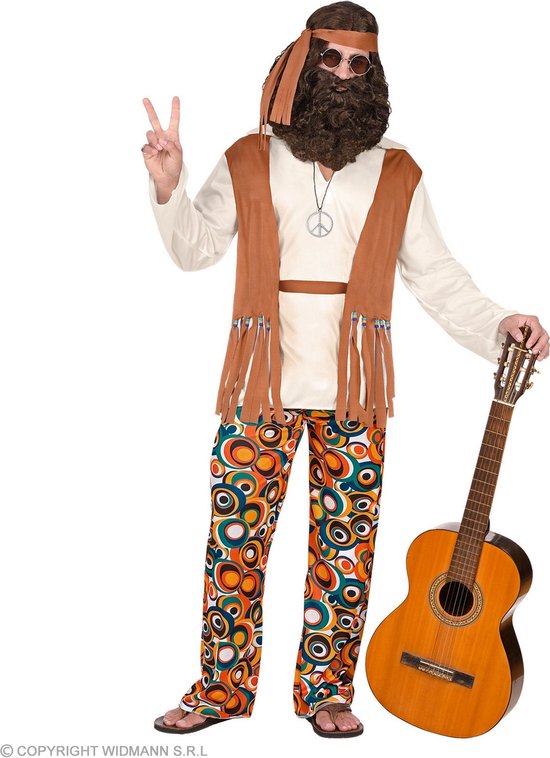 Widmann - Hippie Kostuum - Imagine All The Hippies Lenny - Man - Blauw, Bruin, Wit / Beige - XXL - Carnavalskleding - Verkleedkleding