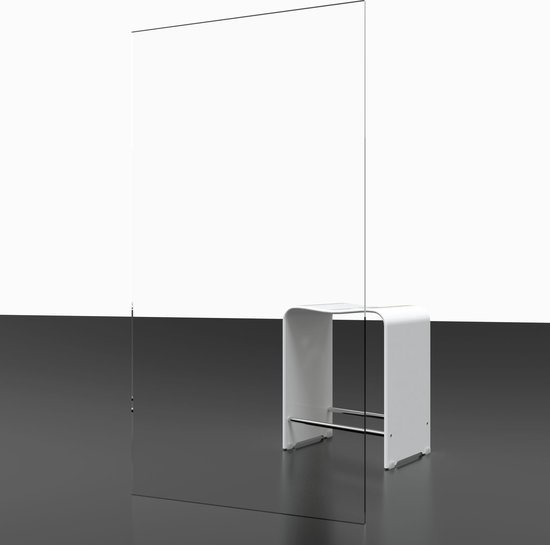 Paroi de douche en verre transparent avec siège de douche blanc et barre chromée.