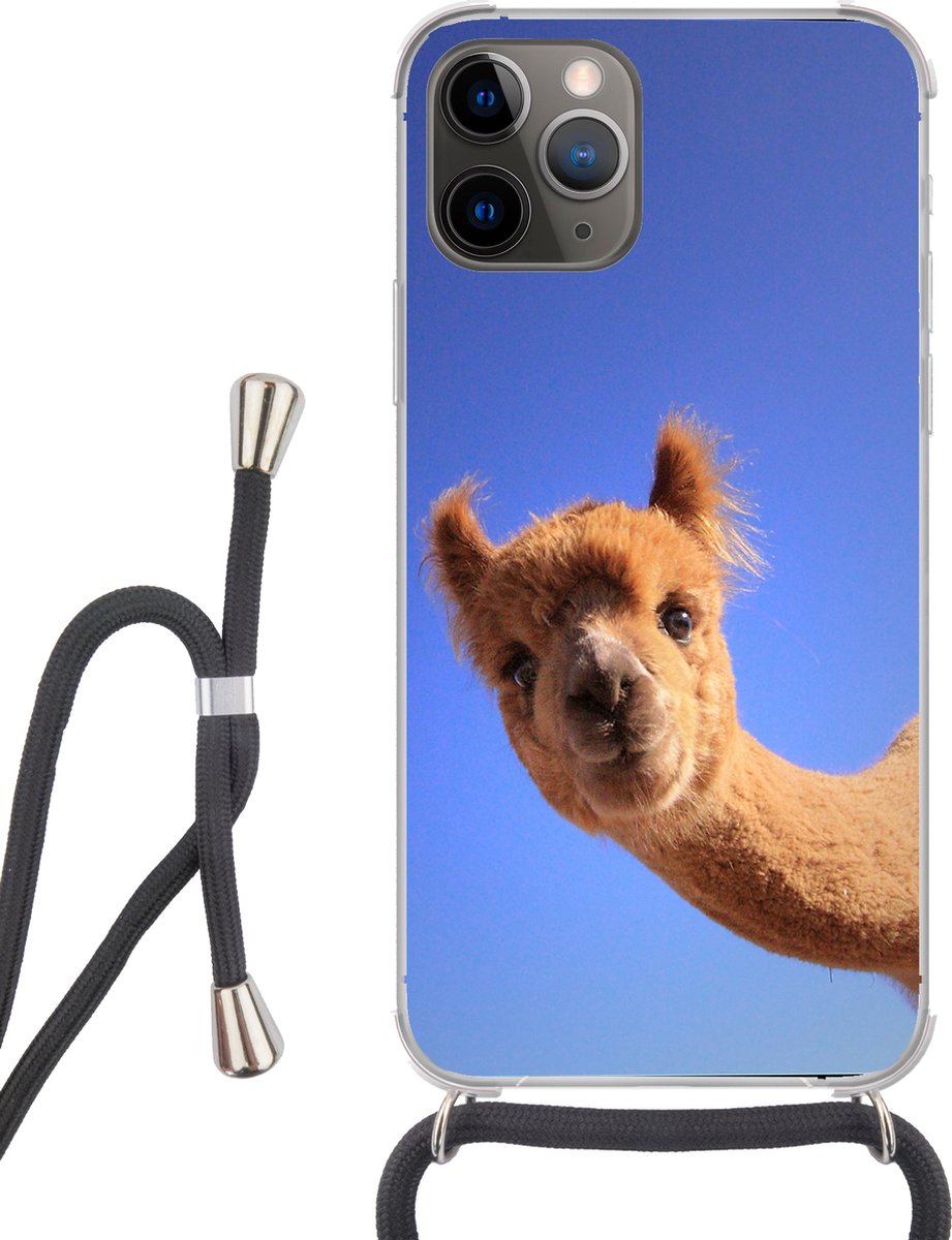Telefoonhoesje Geschikt voor iPhone 11 Pro - Alpaca - Bruin - Blauw - Siliconen - Crossbody - Backcover met Koord - Telefoonhoesje met koord - Hoesje met touw Telefoonhoesje