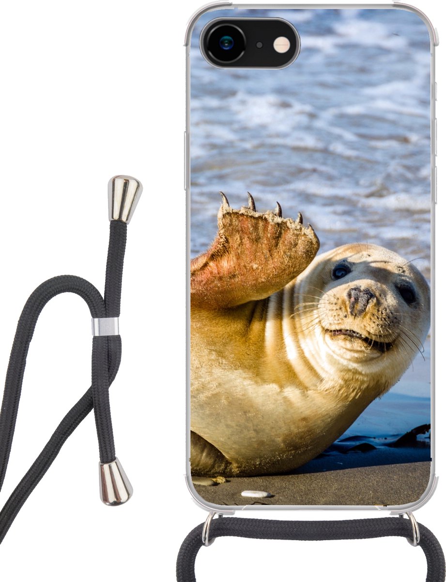 Telefoonhoesje Geschikt voor iPhone 7 - Zeehond - Grappig - Zwaaien - Kinderen - Jongens - Meisjes - Kindje - Siliconen - Crossbody - Backcover met Koord - Telefoonhoesje met koord - Hoesje met touw Telefoonhoesje