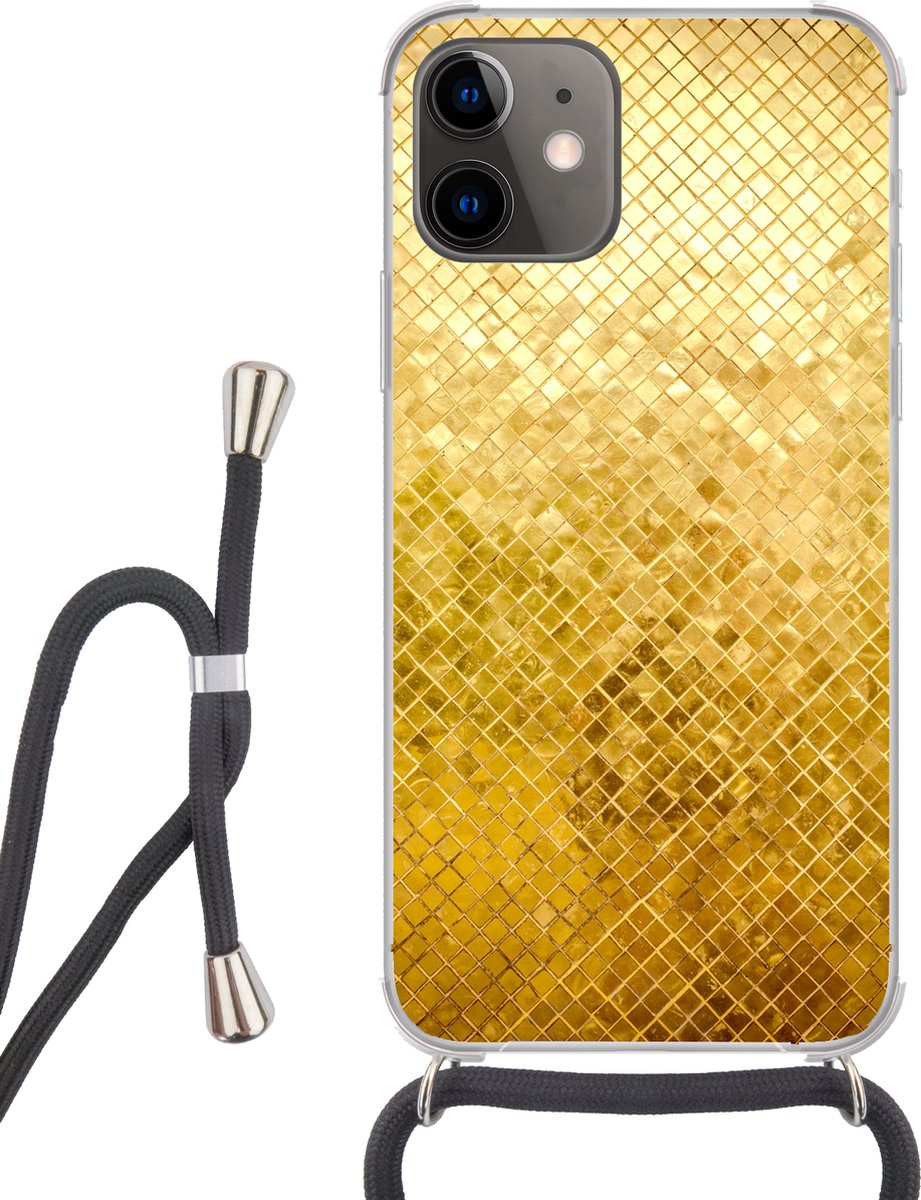 Telefoonhoesje Geschikt voor iPhone 12 Mini - Goud - Design - Abstract - Siliconen - Crossbody - Backcover met Koord - Telefoonhoesje met koord - Hoesje met touw Telefoonhoesje